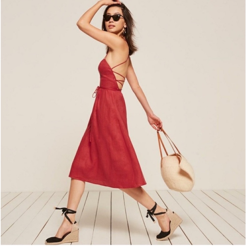 Reformation Red Linen Dress with Lace Up Back